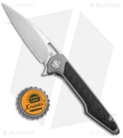 Artisan Cutlery Small Archaeo Frame Lock Flipper Knife Gray Ti/CF (3" Damascus) -Artisan Cutlery Shop Artisan Cutlery Small Archaeo FL Gray Ti CF Damascus ATZ1821GSDGY BHQ 93343 jr bottlecap