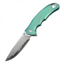 Artisan Cutlery Tradition Flipper Framelock Knife, Damascus, Titanium Green, 1702GDGN